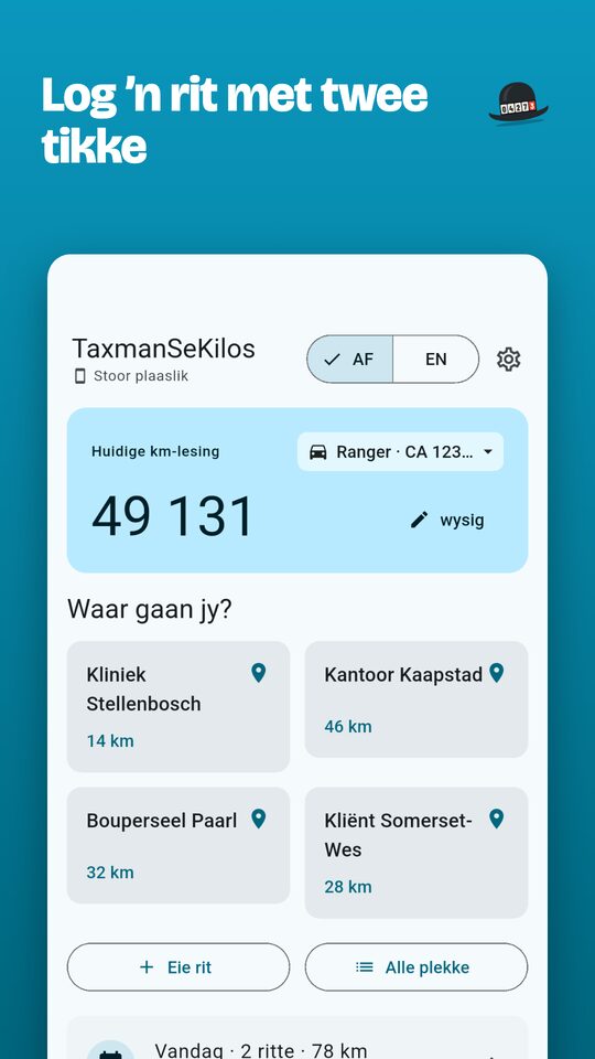 Die tuisskerm: die huidige kilometerlesing, gestoorde plekke om te tik, en Eie rit en Alle plekke