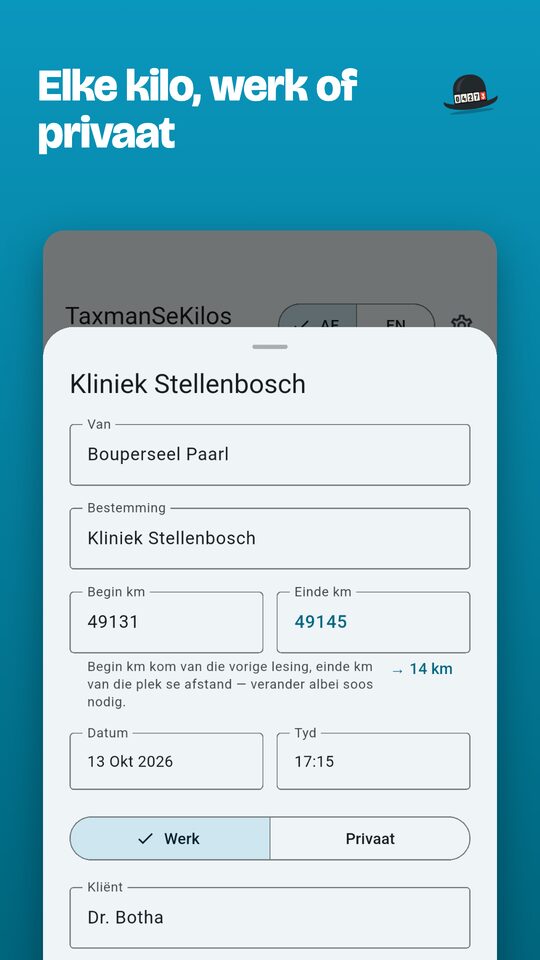 ’n Rit wat gestoor word: bestemming, begin- en einde-km, datum en tyd, werk of privaat, en kliënt