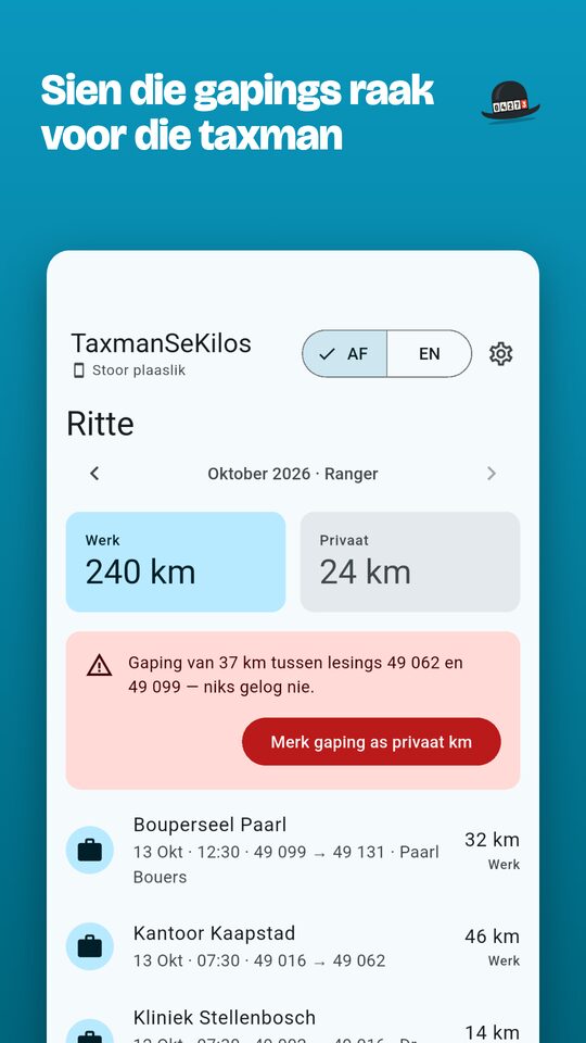 Die maand se ritte met werk- en privaattotale, en ’n gaping van 37 km tussen twee lesings met ’n knoppie om dit as privaat te merk