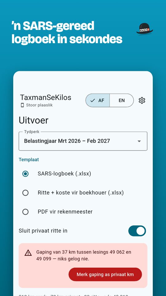 Uitvoer vir die belastingjaar Maart 2026 tot Februarie 2027: SARS-logboek, werkboek vir die boekhouer of PDF