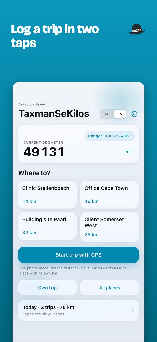The home screen: the current odometer reading, saved places to tap, and Start trip with GPS