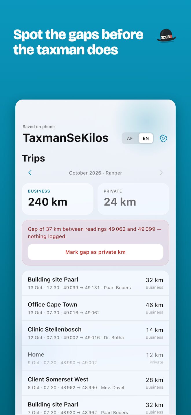 The month's trips with business and private totals, and a 37 km gap between two readings with a button to mark it private