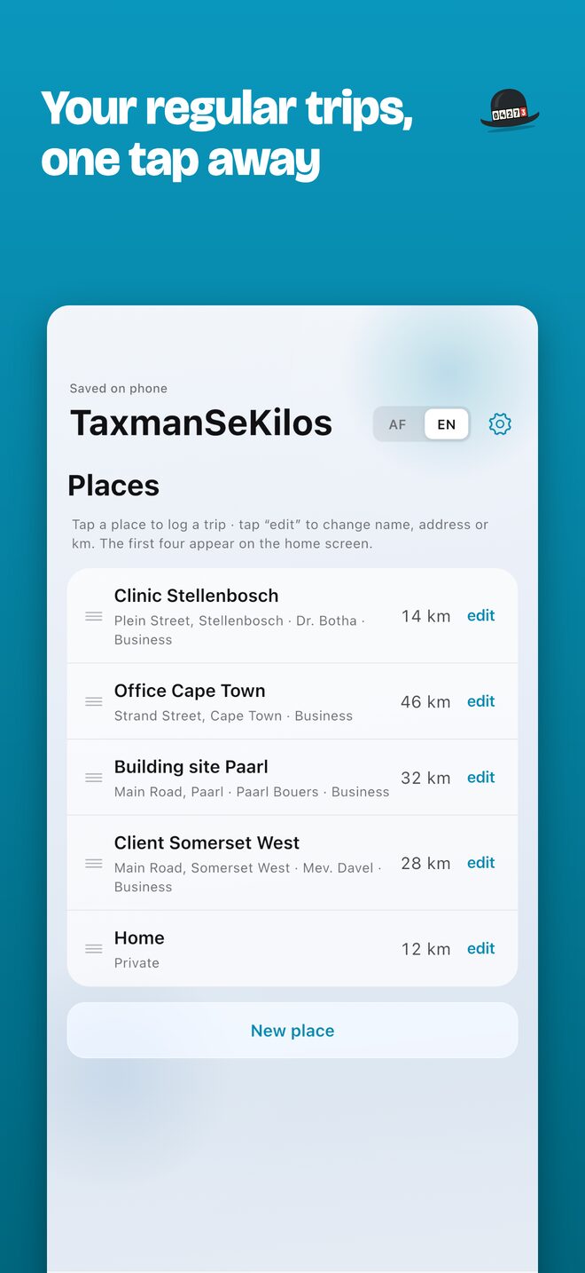 Saved places with their usual distance, client and whether they're business or private