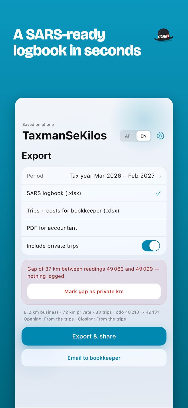 Export for the tax year March 2026 to February 2027: SARS logbook, bookkeeper's workbook or PDF